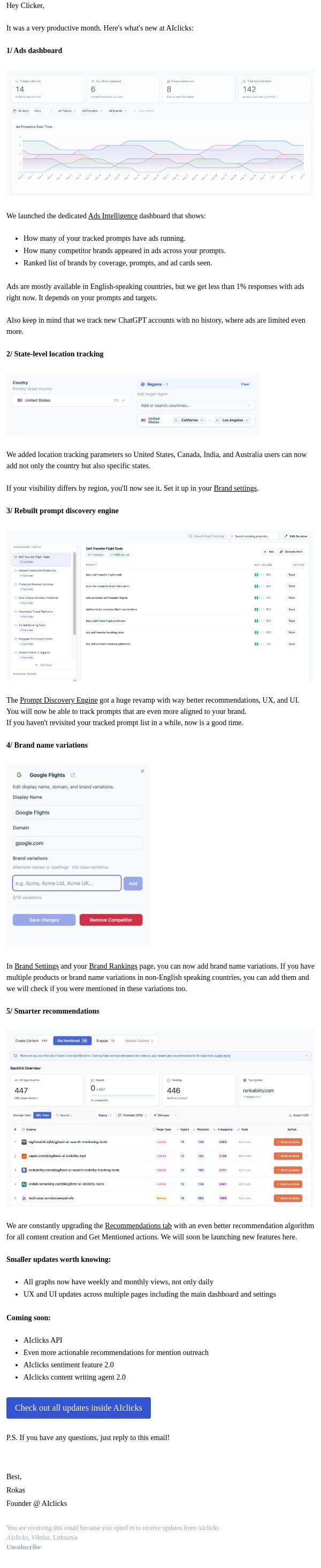 What's new in AIclicks email from AIclicks.io screenshot