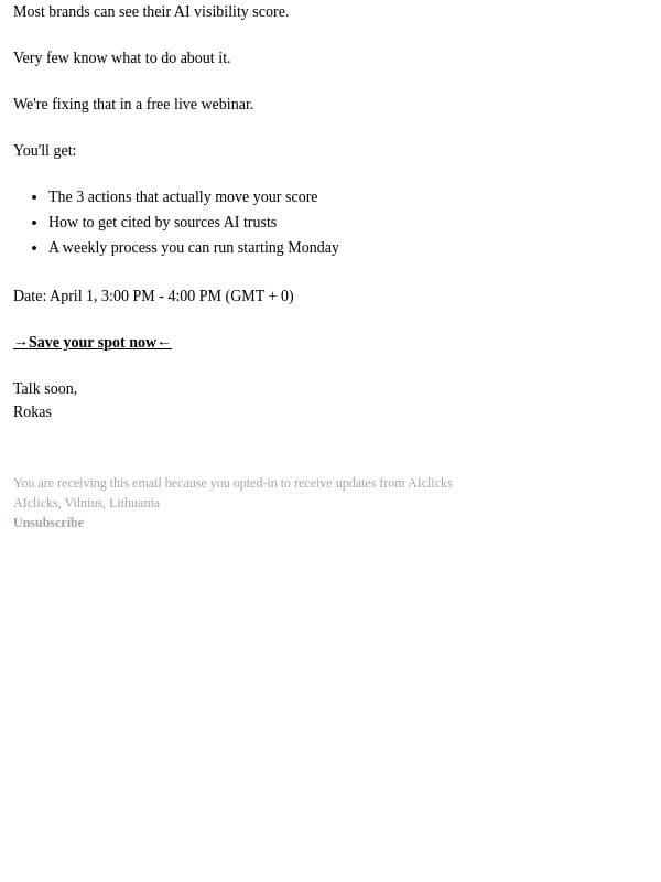 You're tracking AI visibility. Now what? email from AIclicks.io screenshot
