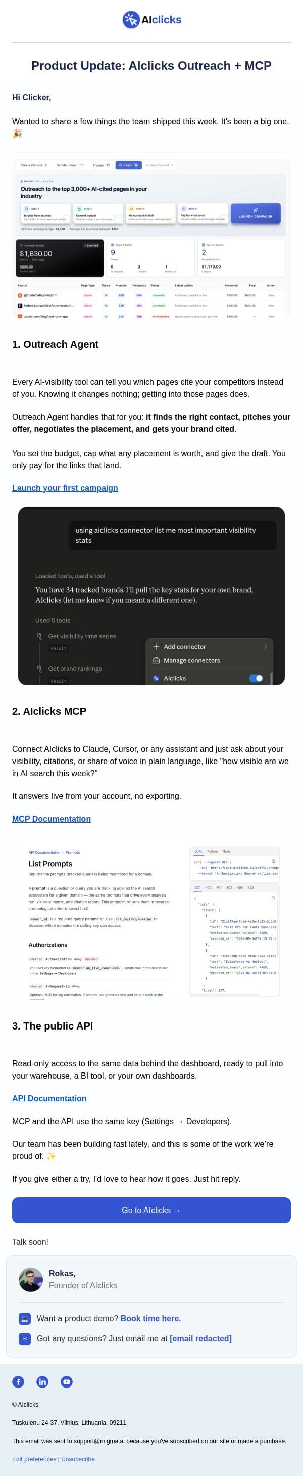 Three things we shipped this week ๐ email from AIclicks.io screenshot