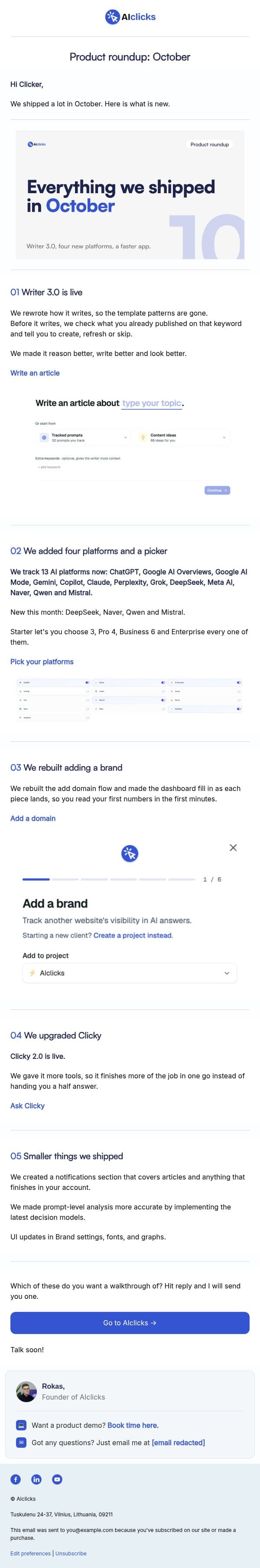 AIclicks Writer 3.0 is LIVE email from AIclicks.io screenshot