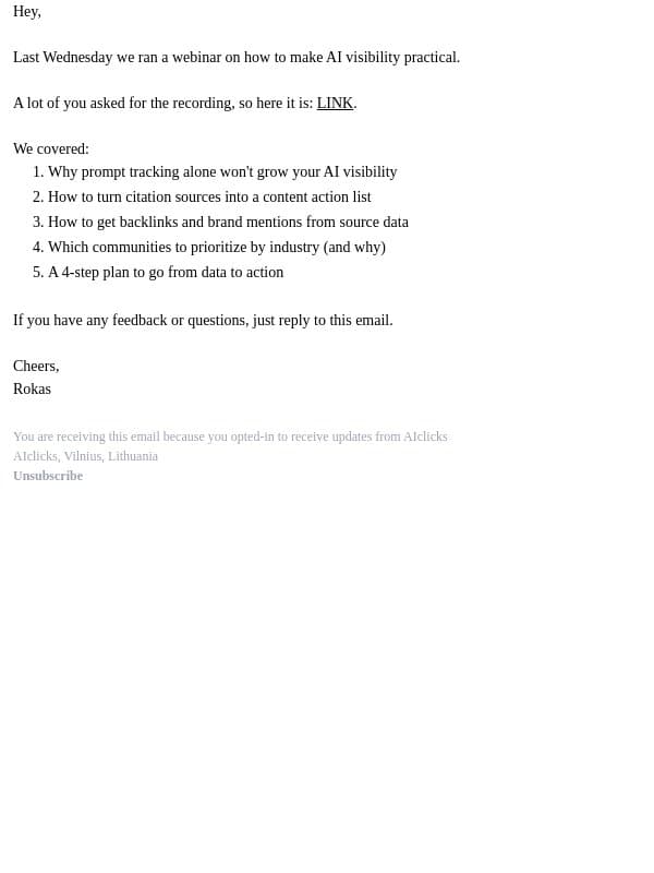 Prompt tracking for beginners: (make it practical) email from AIclicks.io screenshot