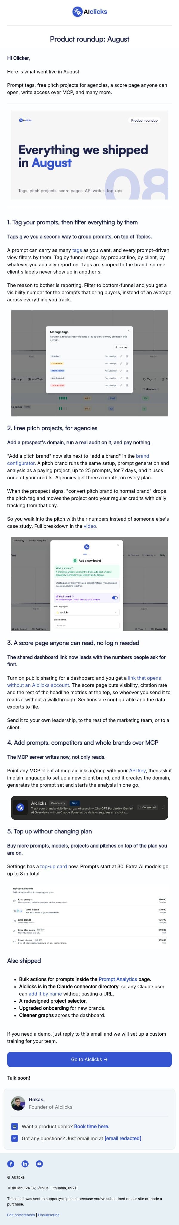 Product roundup: August email from AIclicks.io screenshot