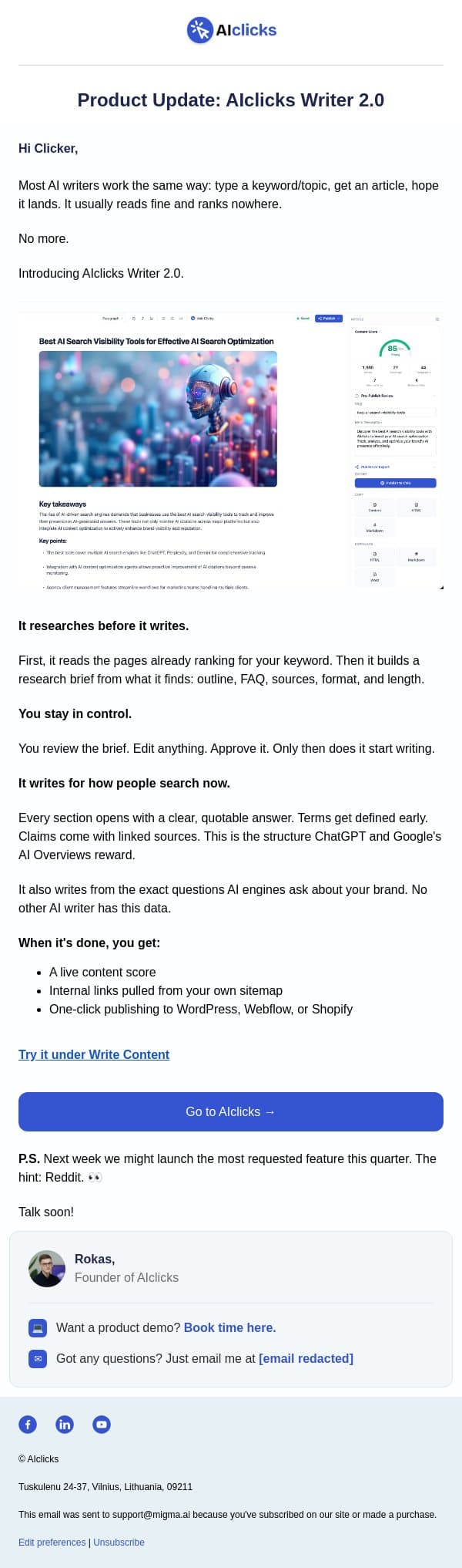 AIclicks Writer 2.0 is LIVE email from AIclicks.io screenshot