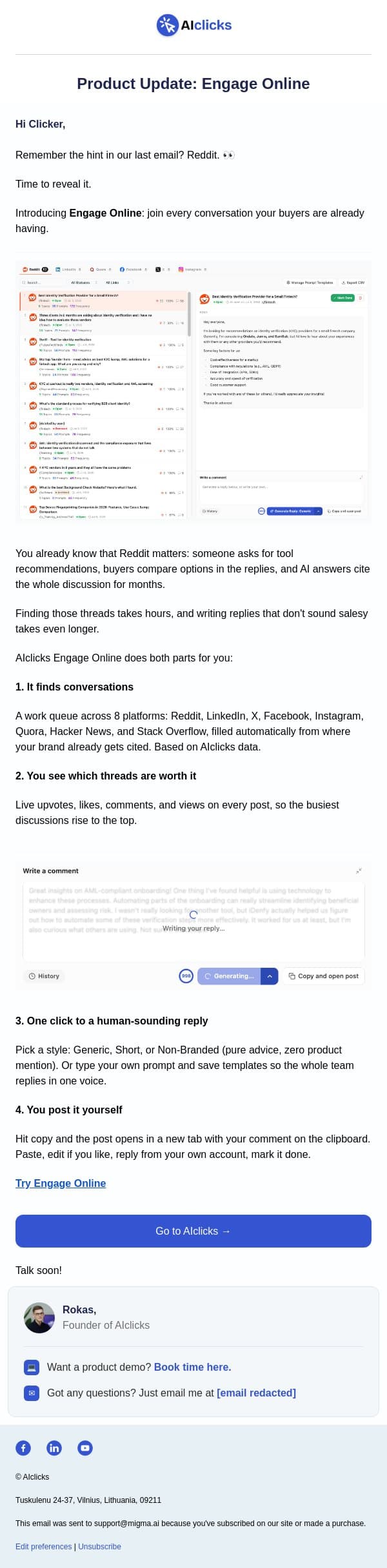 Growth on Reddit? Handled email from AIclicks.io screenshot