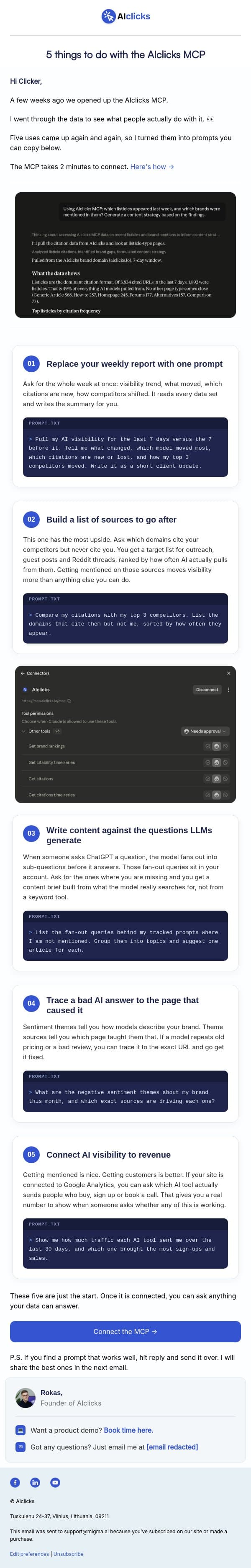 5 best things people do with AIclicks MCP email from AIclicks.io screenshot