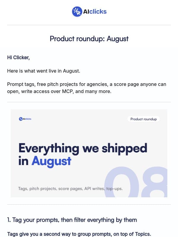 Product roundup: August email from AIclicks.io
