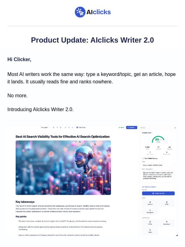 AIclicks Writer 2.0 is LIVE email from AIclicks.io