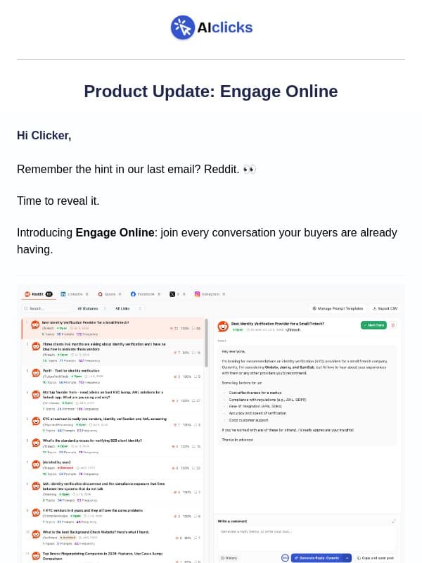 Growth on Reddit? Handled email from AIclicks.io