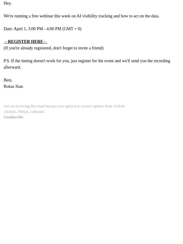GEO webinar on Wednesday email from AIclicks.io
