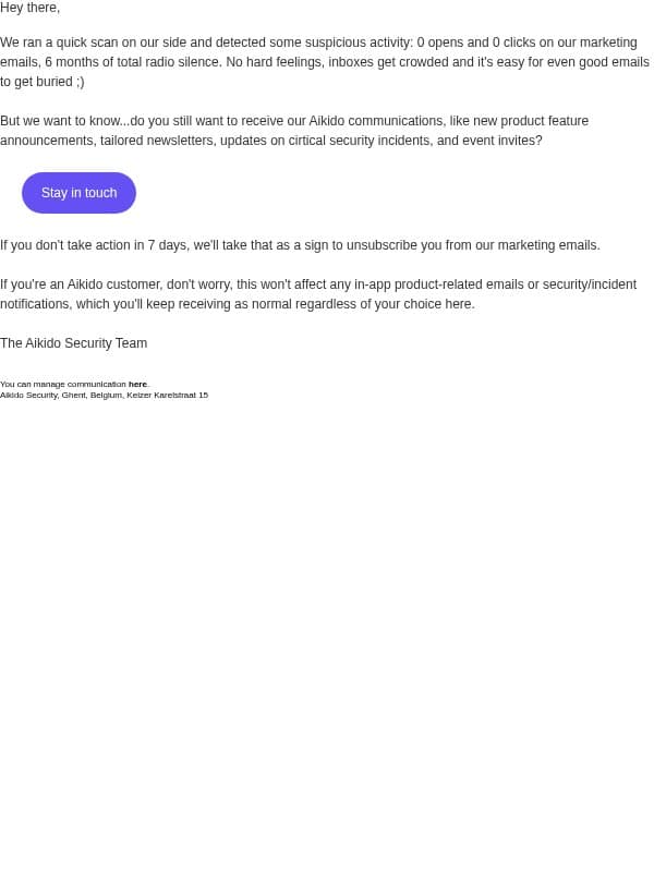 Do you still want to receive our marketing emails? email from Aikido screenshot