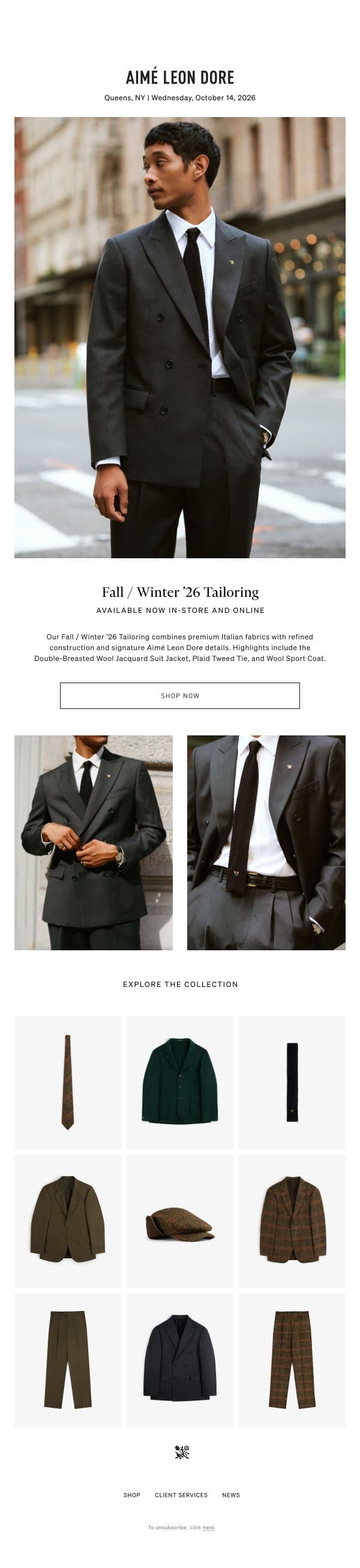 NOW AVAILABLE: FALL / WINTER ‘26 TAILORING email from Aime Leon Dore screenshot