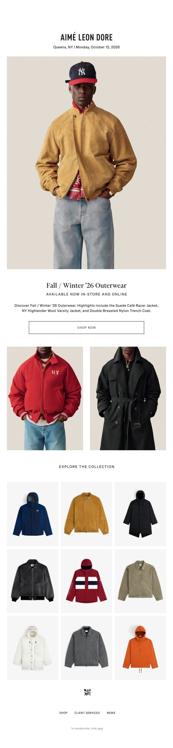 FALL / WINTER ‘26 OUTERWEAR email from Aime Leon Dore screenshot