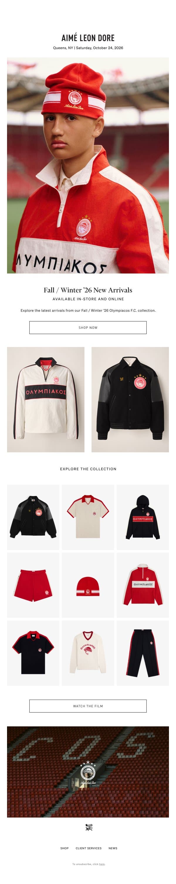NEW ARRIVALS: ALD / OLYMPIACOS F.C. email from Aime Leon Dore screenshot