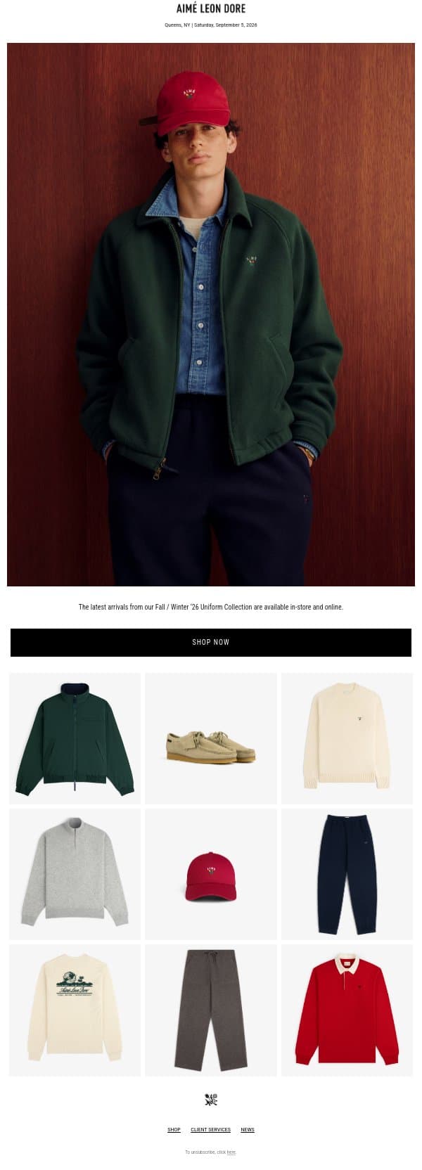 NEW ARRIVALS: FALL / WINTER ‘26 UNIFORM email from Aime Leon Dore screenshot