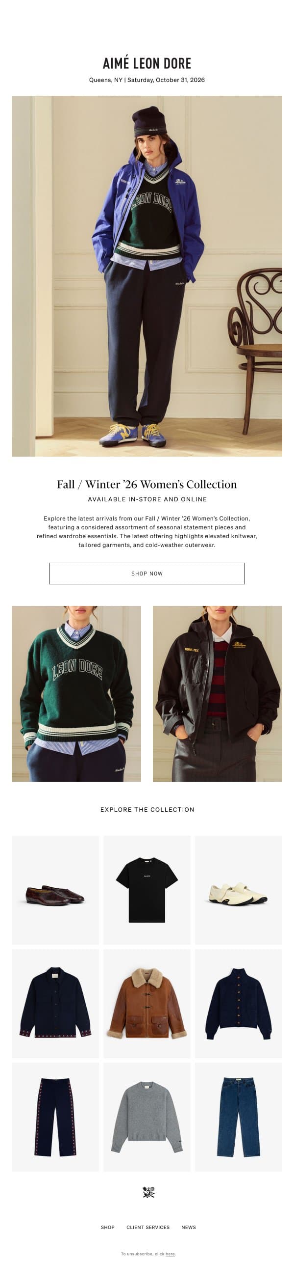 NEW ARRIVALS: FALL / WINTER ‘26 WOMEN’S COLLECTION email from Aime Leon Dore screenshot