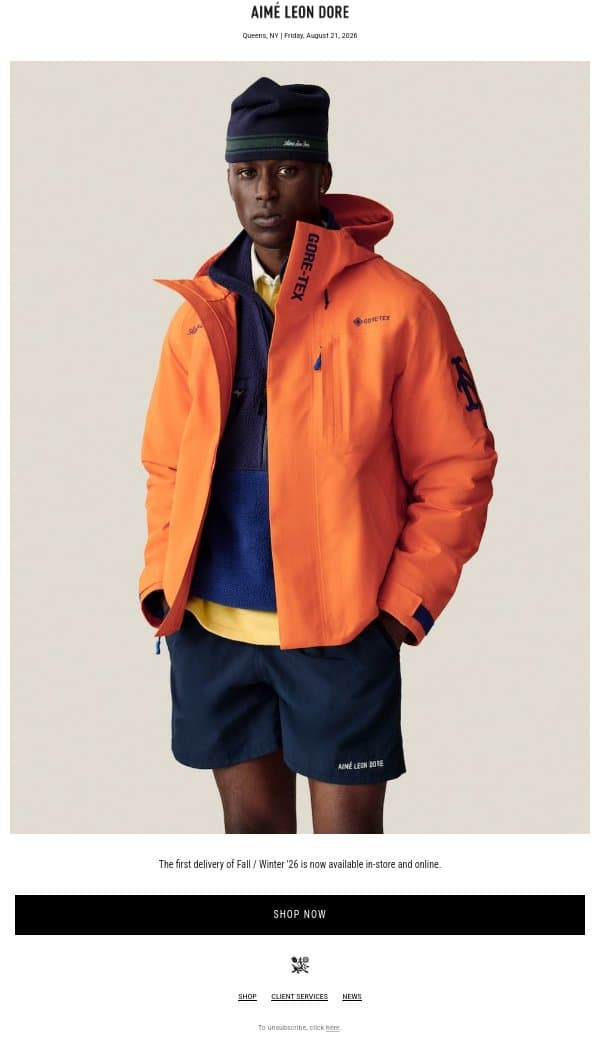 FALL / WINTER ‘26 NOW AVAILABLE email from Aime Leon Dore screenshot