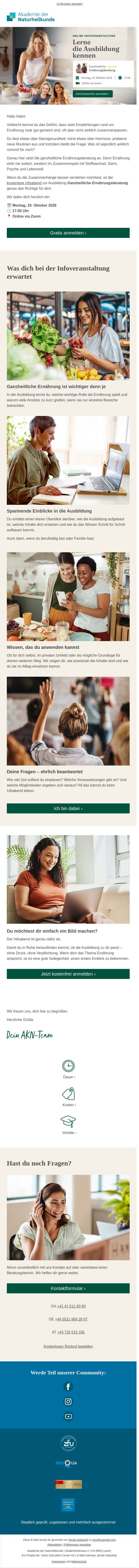 Lerne die Ernährungsberater-Ausbildung kennen email from Akademie der Naturheilkunde screenshot