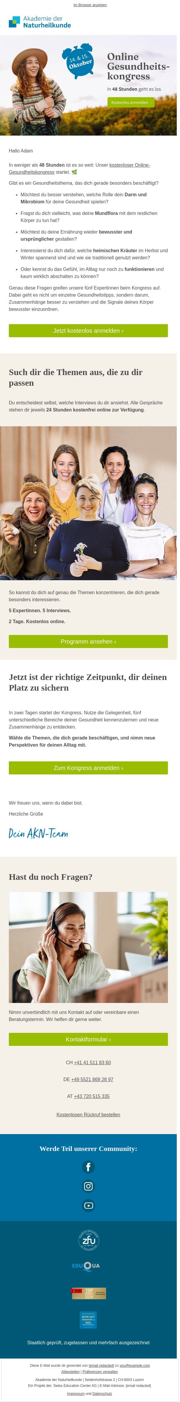 In 48 h startet unser kostenloser Gesundheitskongress email from Akademie der Naturheilkunde screenshot