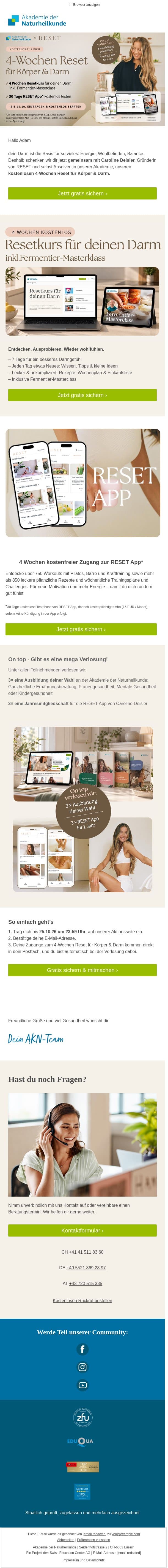Jetzt kostenlos für dich: 4-Wochen Reset für Körper & Darm email from Akademie der Naturheilkunde screenshot