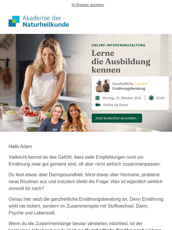 Lerne die Ernährungsberater-Ausbildung kennen email from Akademie der Naturheilkunde