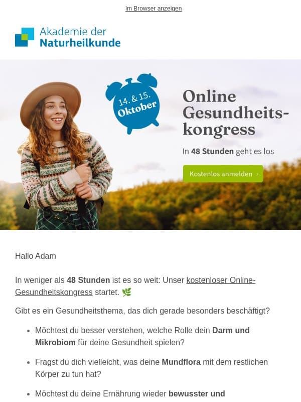 In 48 h startet unser kostenloser Gesundheitskongress email from Akademie der Naturheilkunde