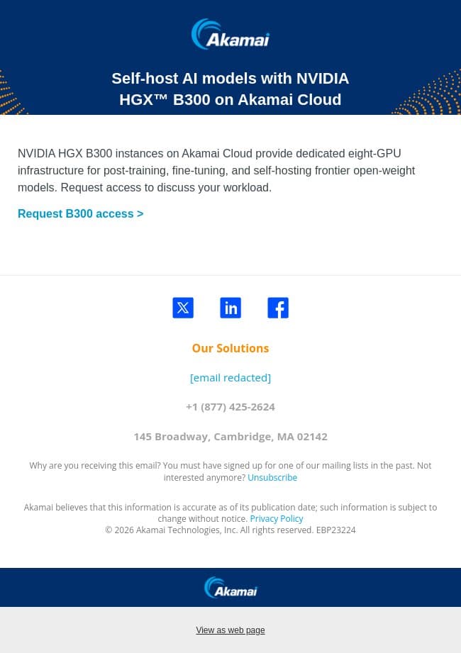 Self-host AI models with NVIDIA HGX™ B300 on Akamai Cloud email from Akamai Edge screenshot