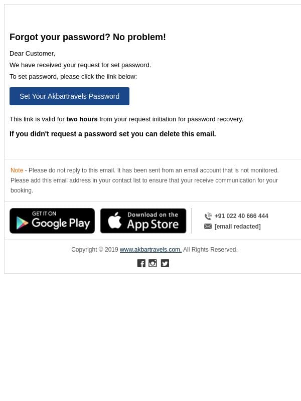 Set Account Password email from Akbar Travels