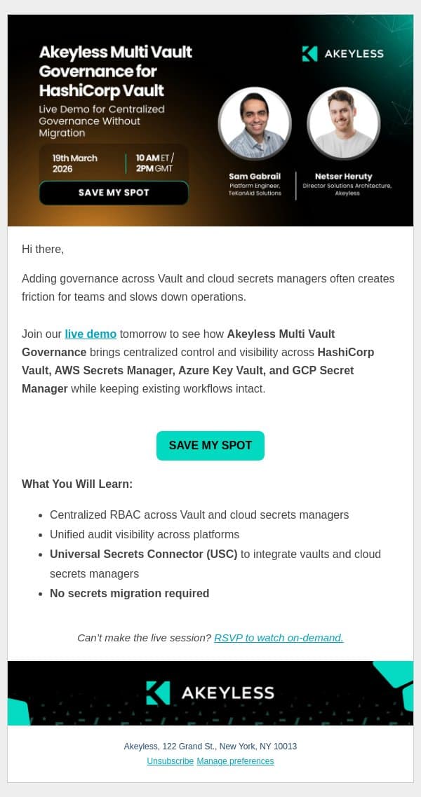 Last Chance: Live Demo Tomorrow Featuring Universal Secrets Connector email from Akeyless screenshot