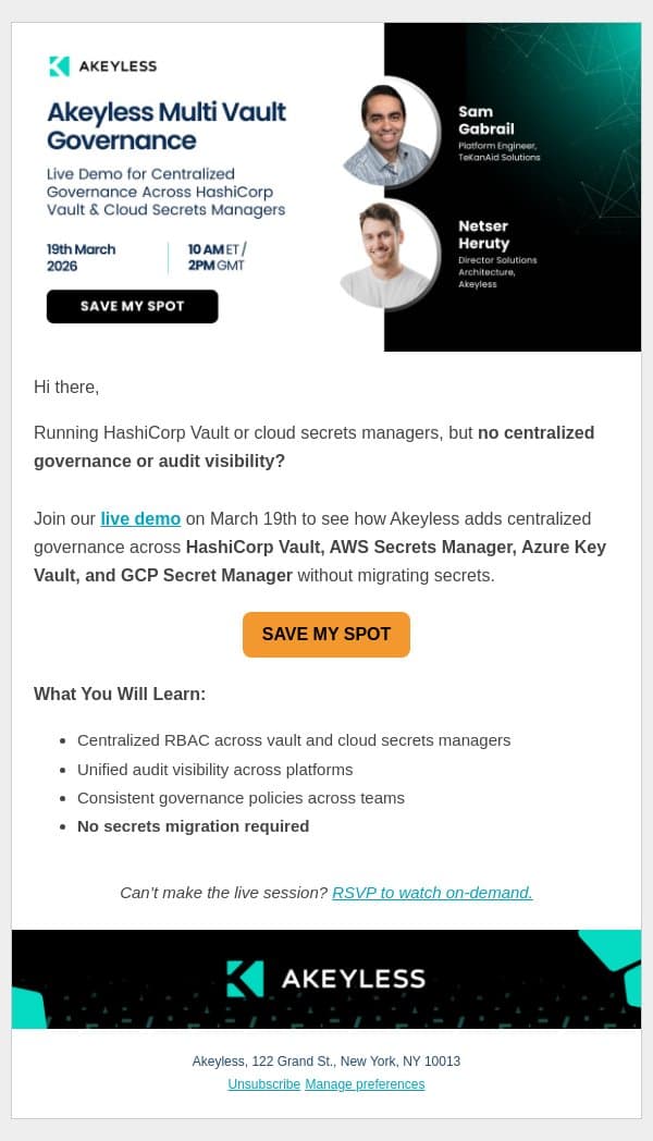 Live Demo: Governance for Vault and Cloud Secrets Managers (No Migration) email from Akeyless screenshot