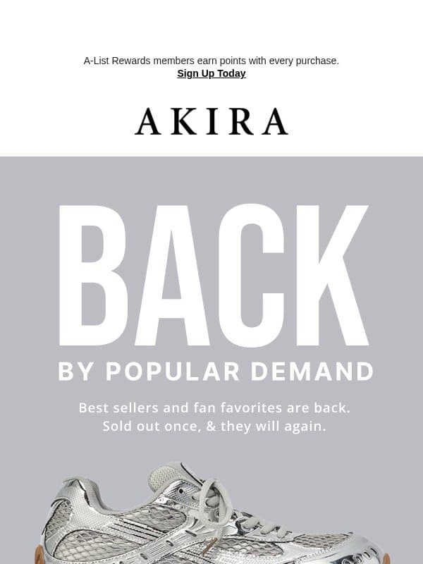 You Asked. We Restocked. email from Akira