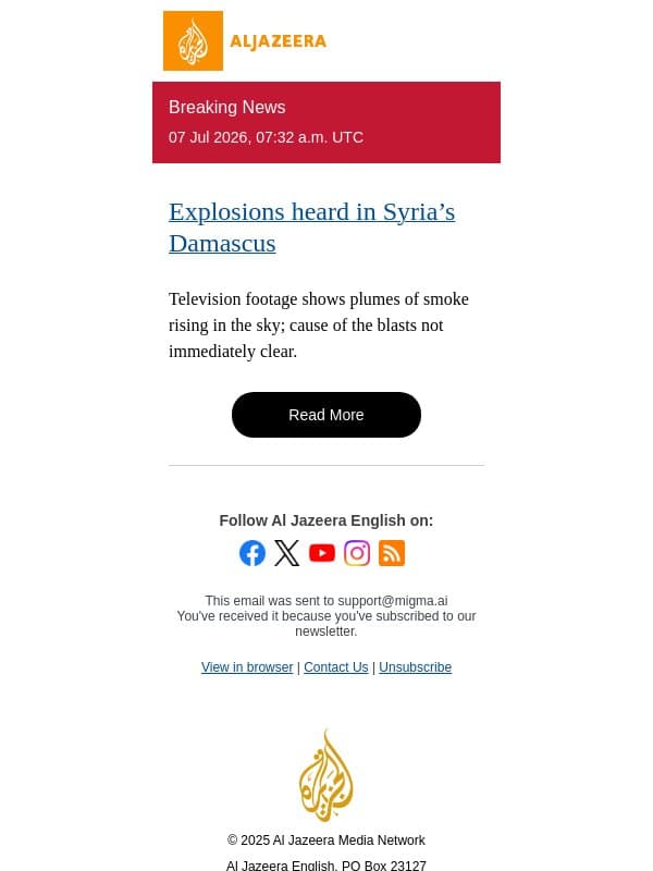 Breaking News: Explosions heard in Syria’s Damascus email from Al Jazeera
