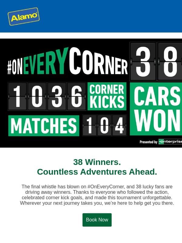 38 Winners. π One Memorable Tournament. β½ email from Alamo Rent A Car