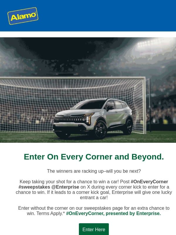 Enter Before the Final Whistle! email from Alamo Rent A Car