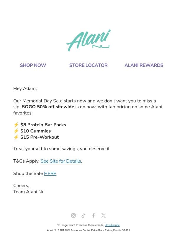 ⚡️ Memorial Day Sale: BOGO 50% off ⚡️ email from Alani Nu screenshot