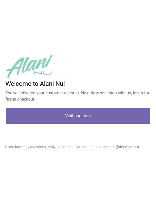 Customer account confirmation email from Alani Nu screenshot