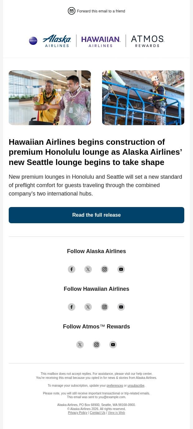 Hawaiian Airlines begins construction of premium Honolulu lounge as Alaska Airlines’ new Seattle lounge begins to take shape email from Alaska Airlines screenshot