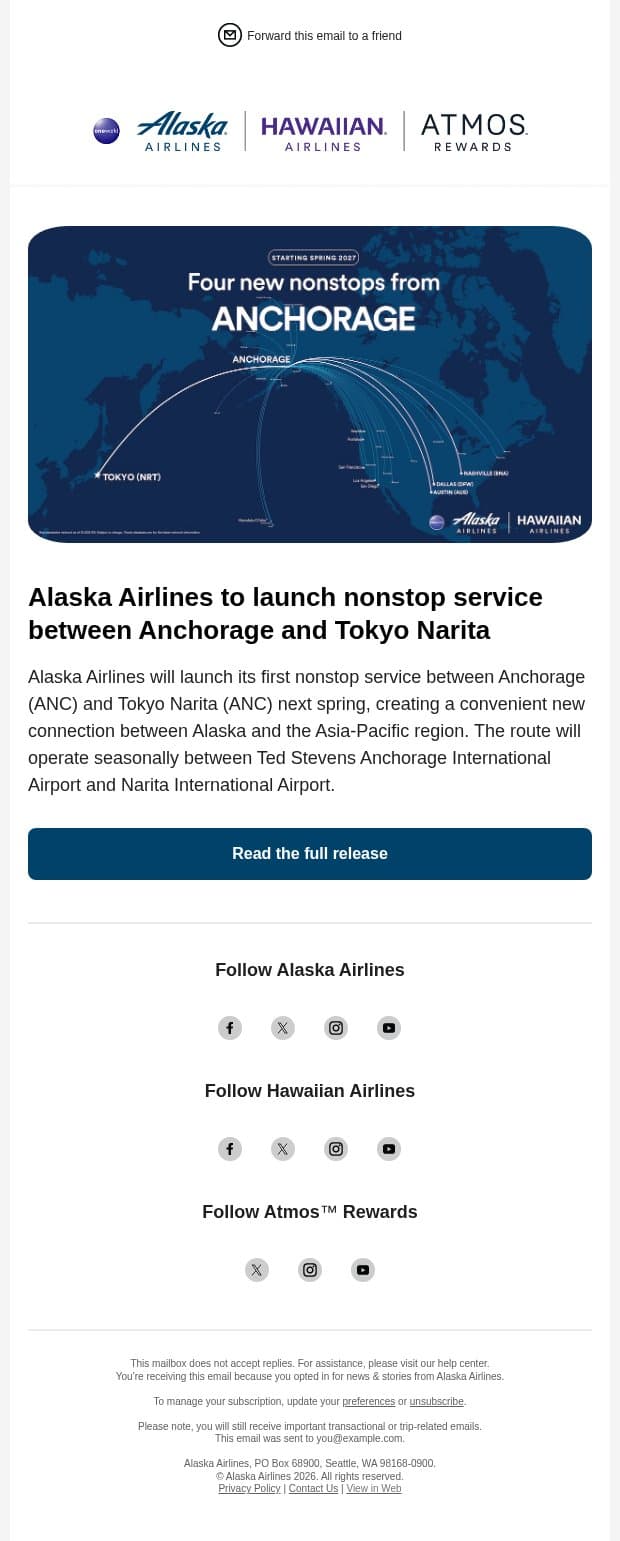 Alaska Airlines to launch nonstop service between Anchorage and Tokyo Narita email from Alaska Airlines screenshot