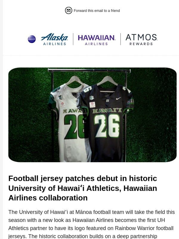 Football jersey patches debut in historic University of Hawaiʻi Athletics, Hawaiian Airlines collaboration email from Alaska Airlines