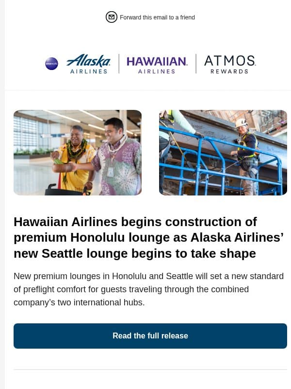 Hawaiian Airlines begins construction of premium Honolulu lounge as Alaska Airlines’ new Seattle lounge begins to take shape email from Alaska Airlines