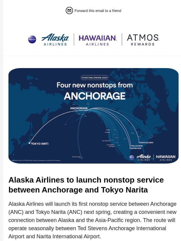 Alaska Airlines to launch nonstop service between Anchorage and Tokyo Narita email from Alaska Airlines