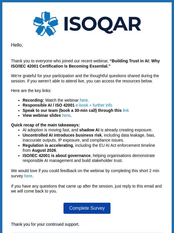 Thanks for joining: Building Trust in AI (ISO/IEC 42001) + recording & next steps email from Alcumus