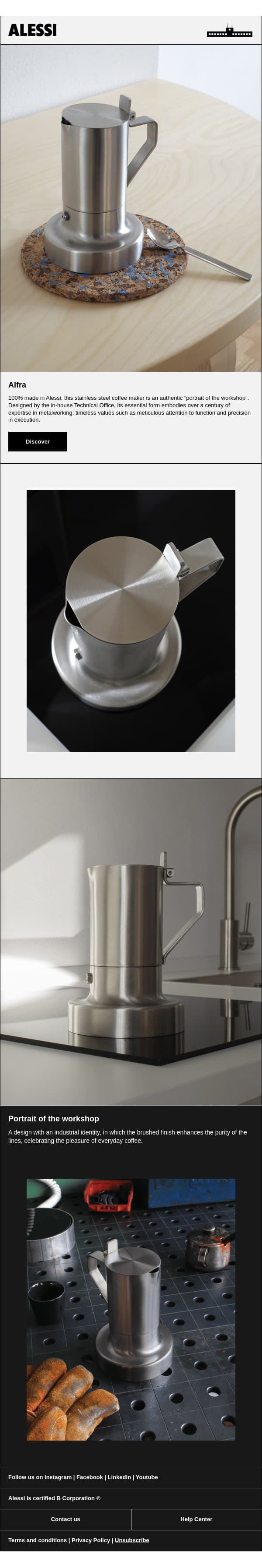 Alfra, the new Alessi coffee maker email from Alessi screenshot