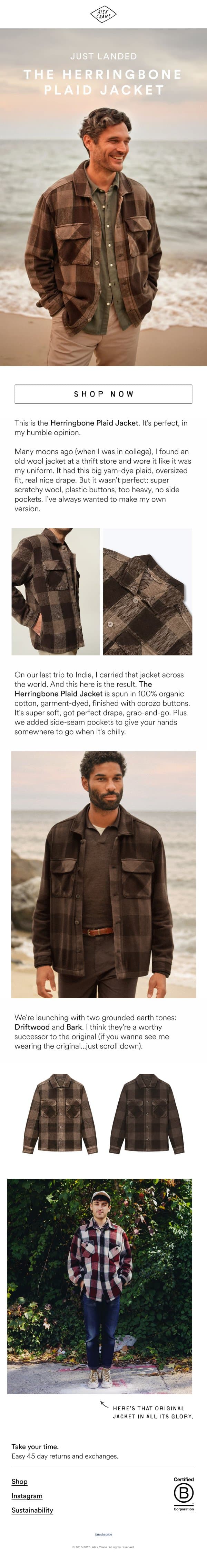 New: The Herringbone Plaid Jacket email from Alex Crane screenshot