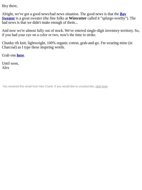 Last Call: Bay Sweaters email from Alex Crane screenshot