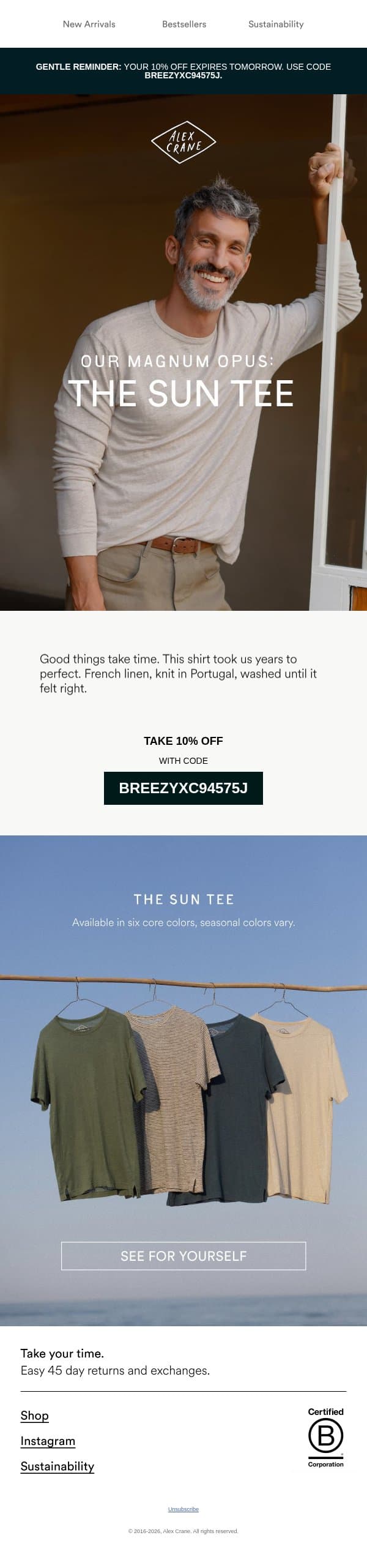 10% off ends tomorrow email from Alex Crane screenshot
