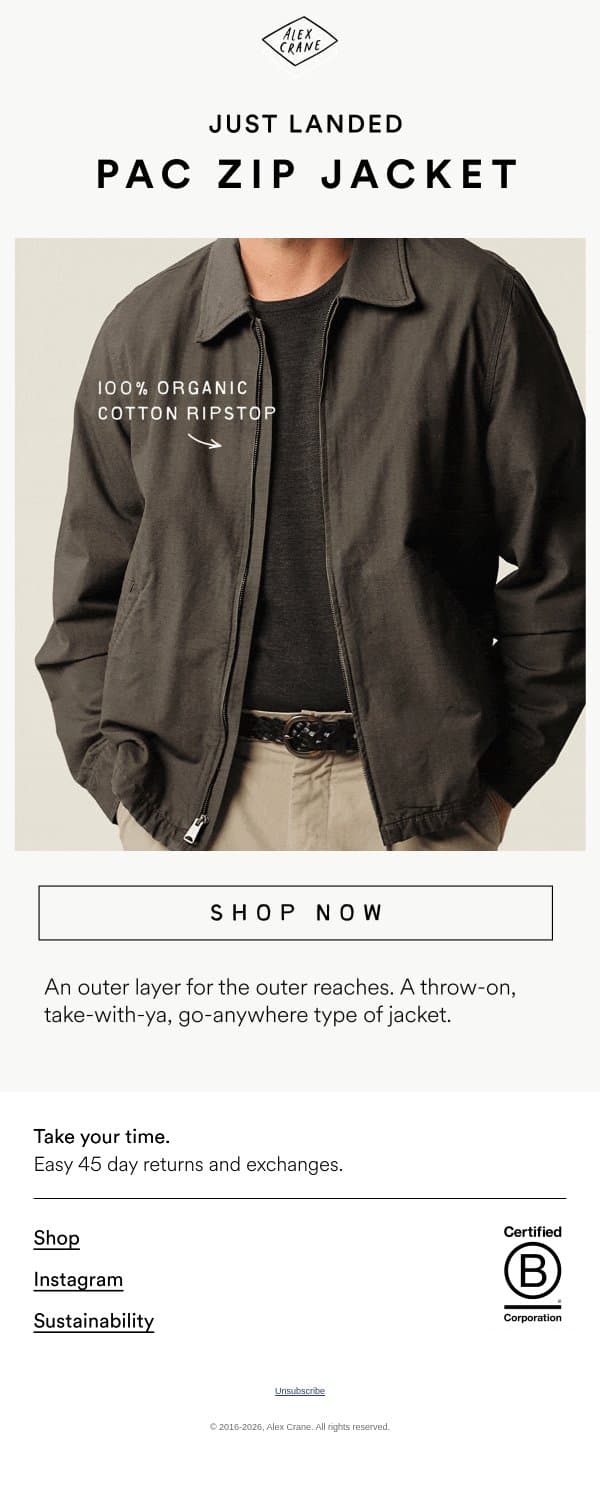JUST LANDED The Pac Flannel Zip Jacket email from Alex Crane screenshot
