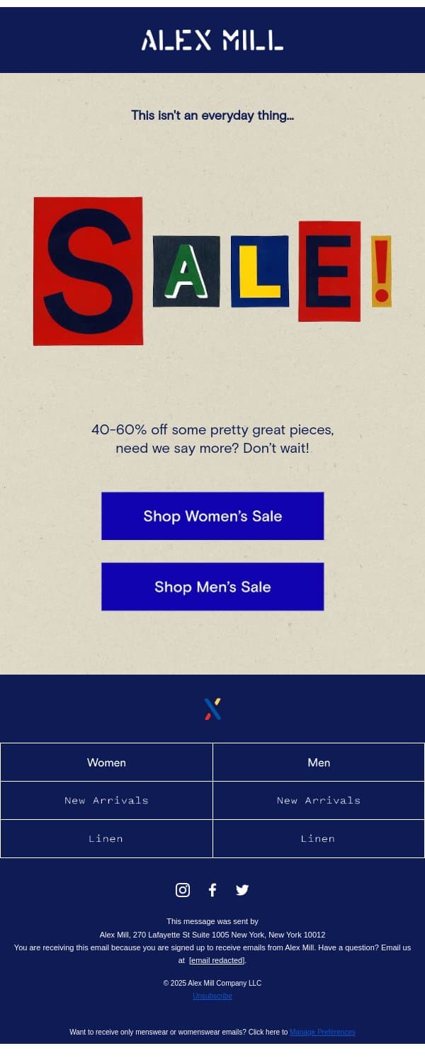 We're having a sale! email from Alex Mill screenshot
