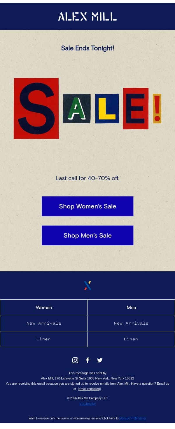 SALE ENDS TONIGHT⏰ email from Alex Mill screenshot