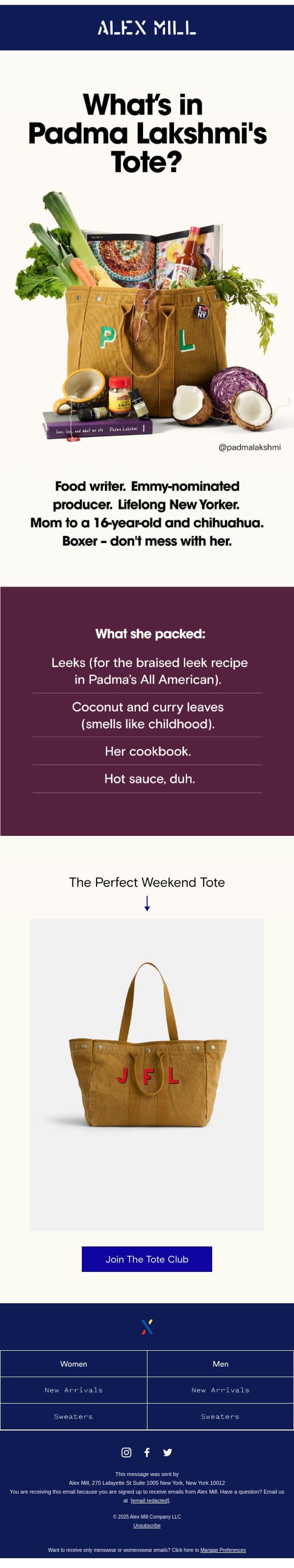 What's in Padma Lakshmi's tote? email from Alex Mill screenshot