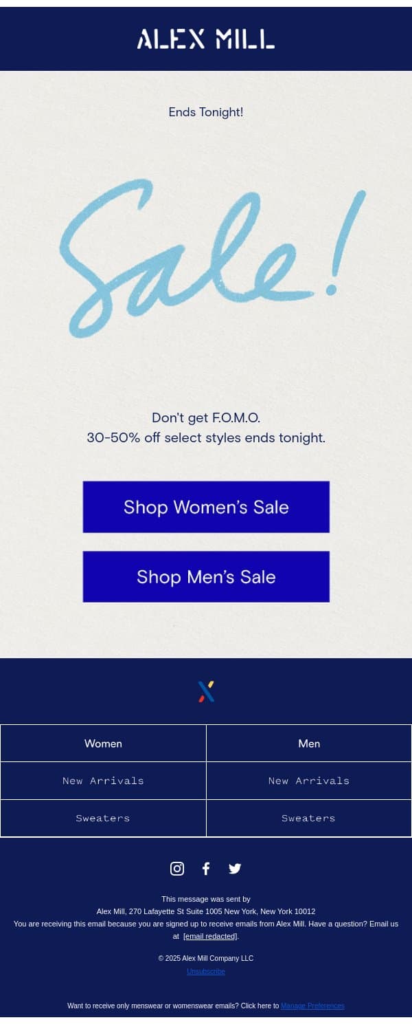 SALE ENDS TONIGHT email from Alex Mill screenshot